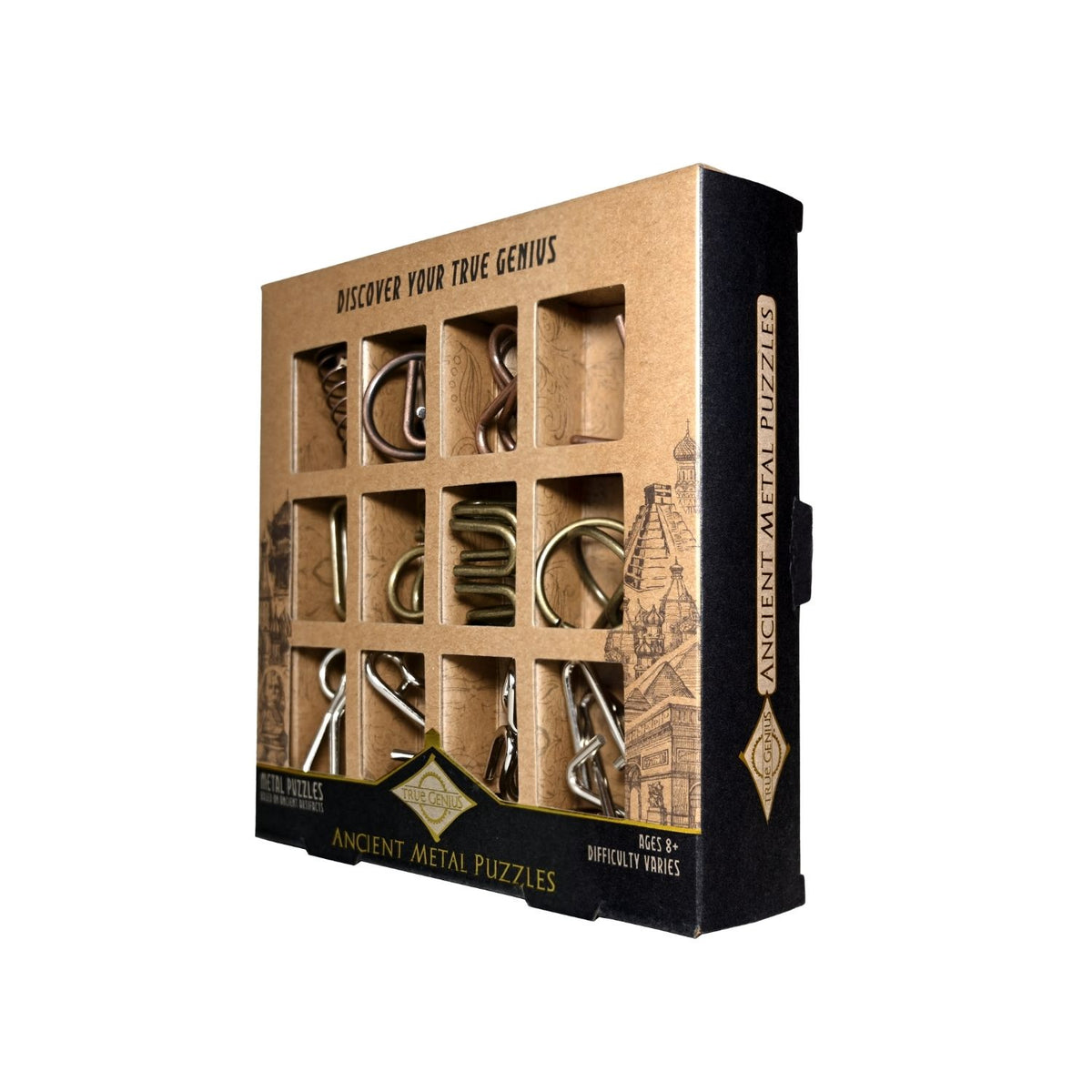 The twelve puzzles arranged chronologically to represent the Copper, Bronze, and Iron Ages, highlighting the historical theme of the set.