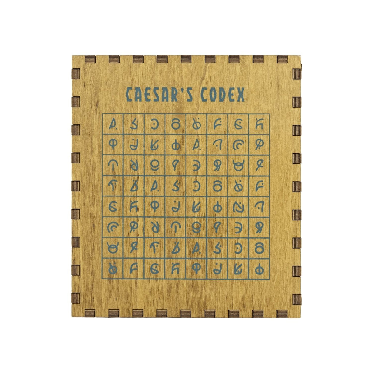 Detail Shot (Symbols): A close-up of the intricate Roman-inspired artwork and the lever sliding components of the level four difficulty wooden puzzle.