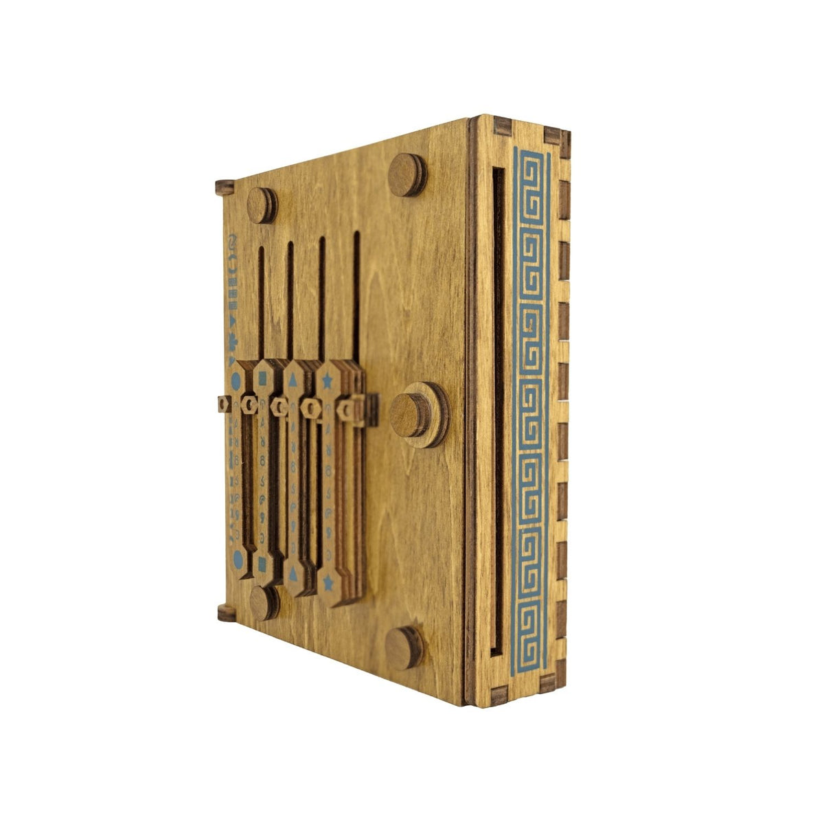 A close-up of the intricate Roman-inspired artwork and the lever sliding components of the level four difficulty wooden puzzle.