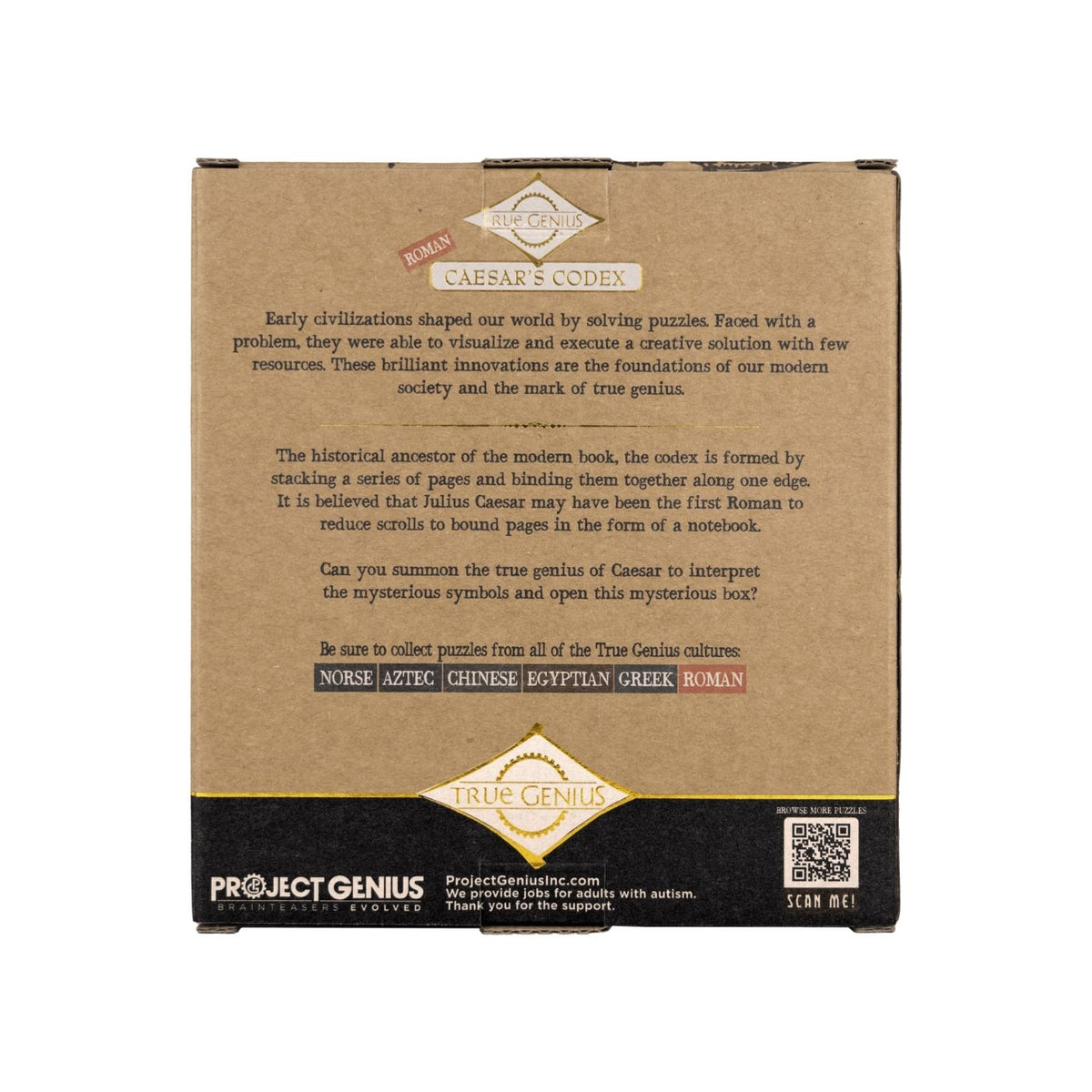 The retail box for Caesar’s Codex by Project Genius, clearly displaying the Ancient Rome theme, age eight plus rating, and difficulty level.