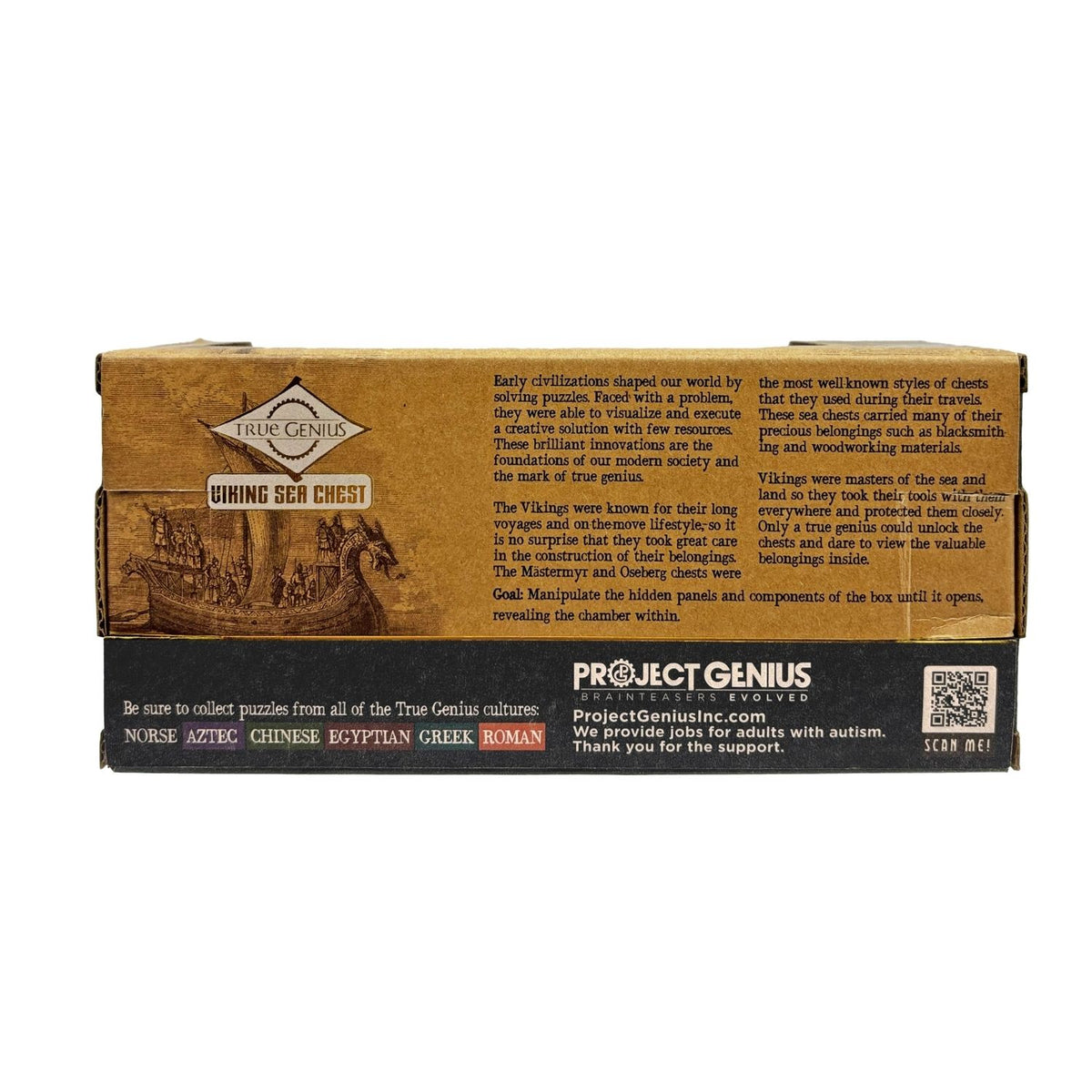 Box of Project Genius Viking Sea Chest puzzle with text explaining  the secret wooden chest for ages eight and up. A Viking-themed brainteaser with a hidden compartment for your treasures.