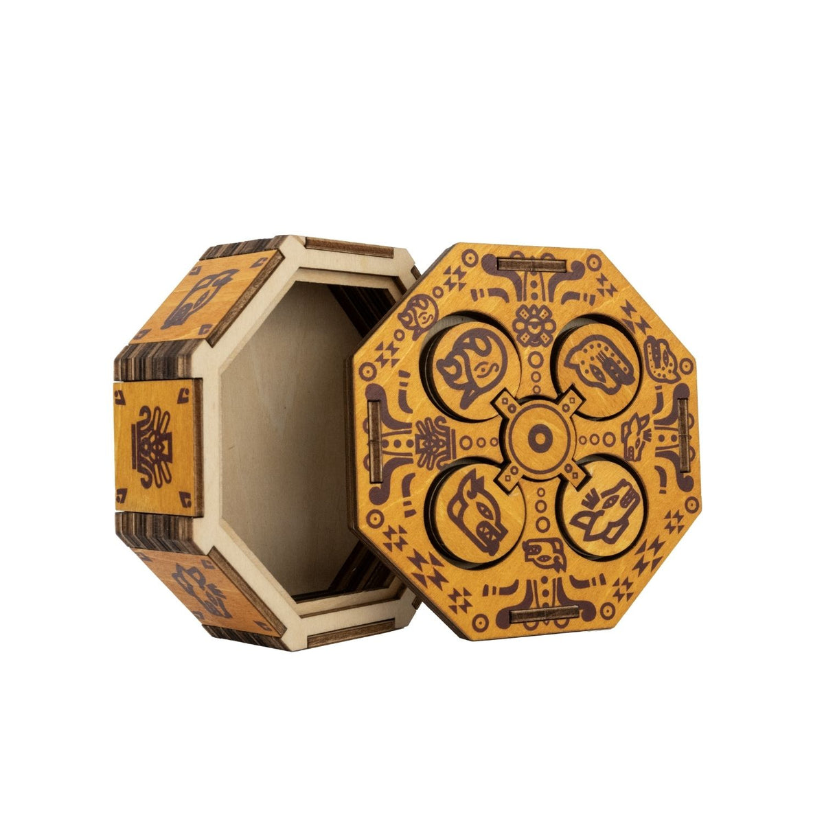 Hide jewellery or a gift card in this Aztec puzzle box for ages eight plus. Solve the secret mechanism to unlock the hidden compartment. A level three challenge.