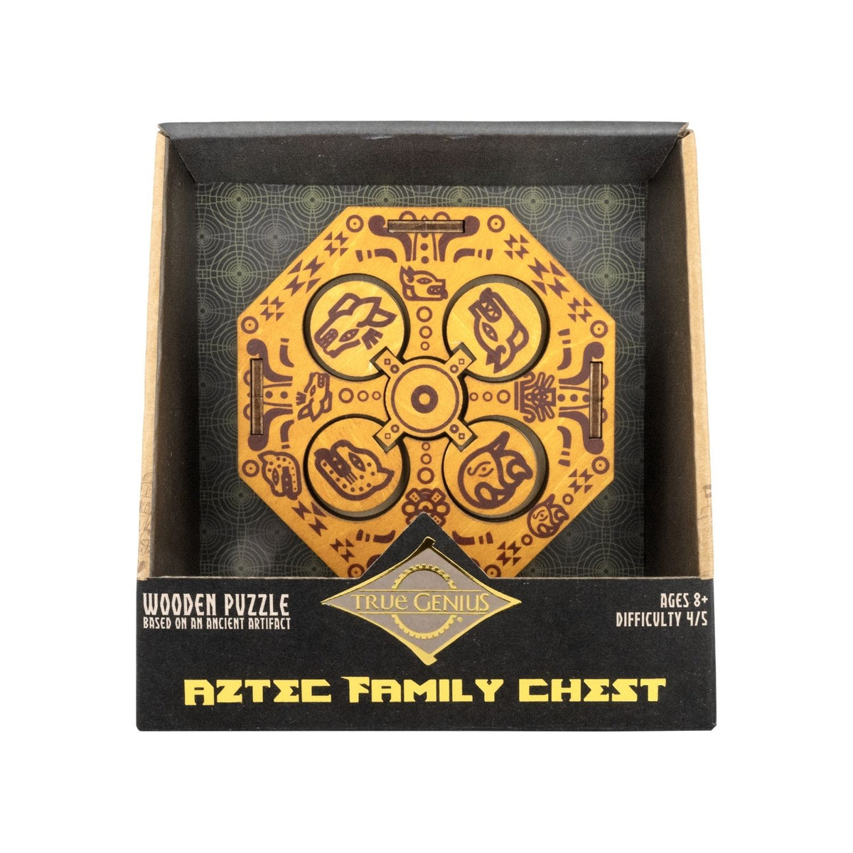 A handcrafted wooden Aztec Family Chest acting as a puzzle game featuring intricate geometric engravings and a secret locking mechanism for ages eight and up.