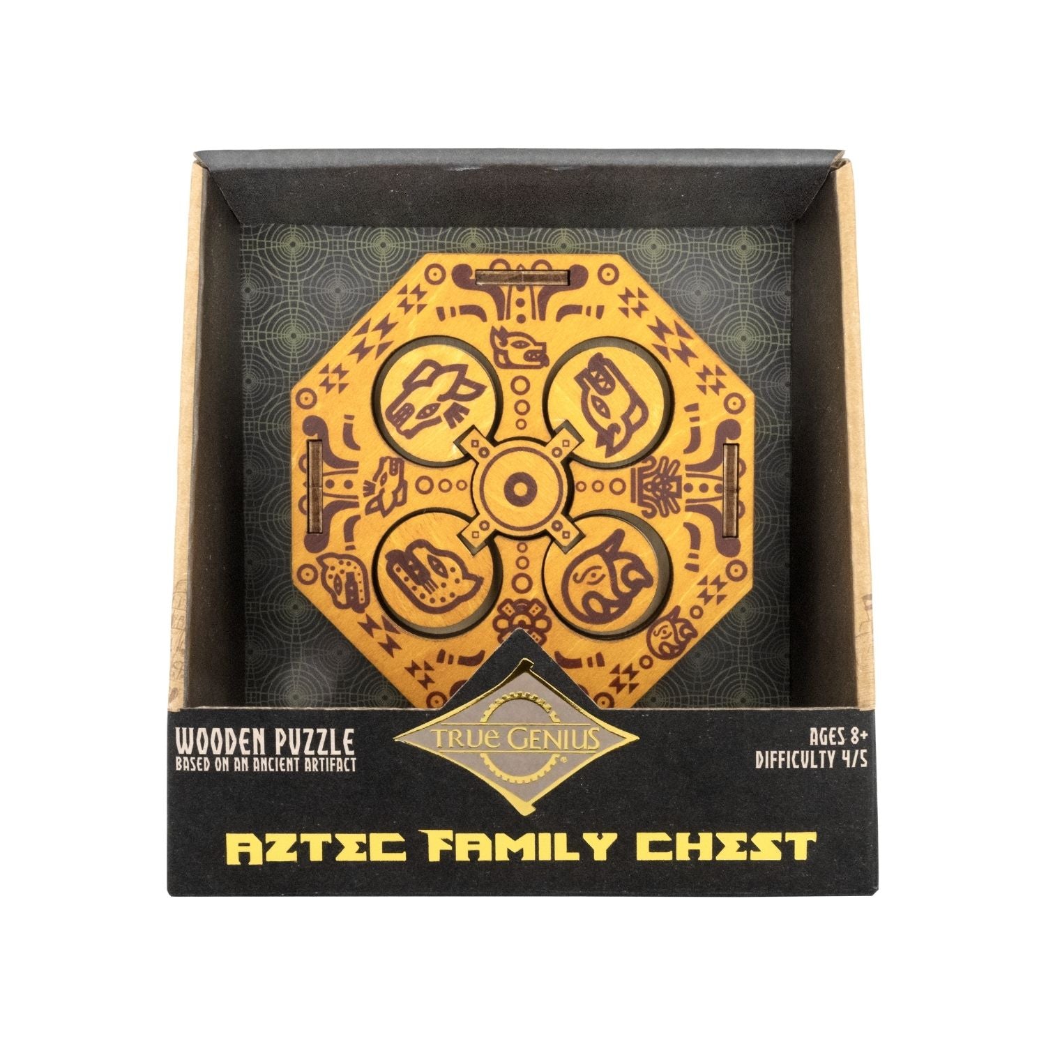 A handcrafted wooden Aztec Family Chest acting as a puzzle game featuring intricate geometric engravings and a secret locking mechanism for ages eight and up.