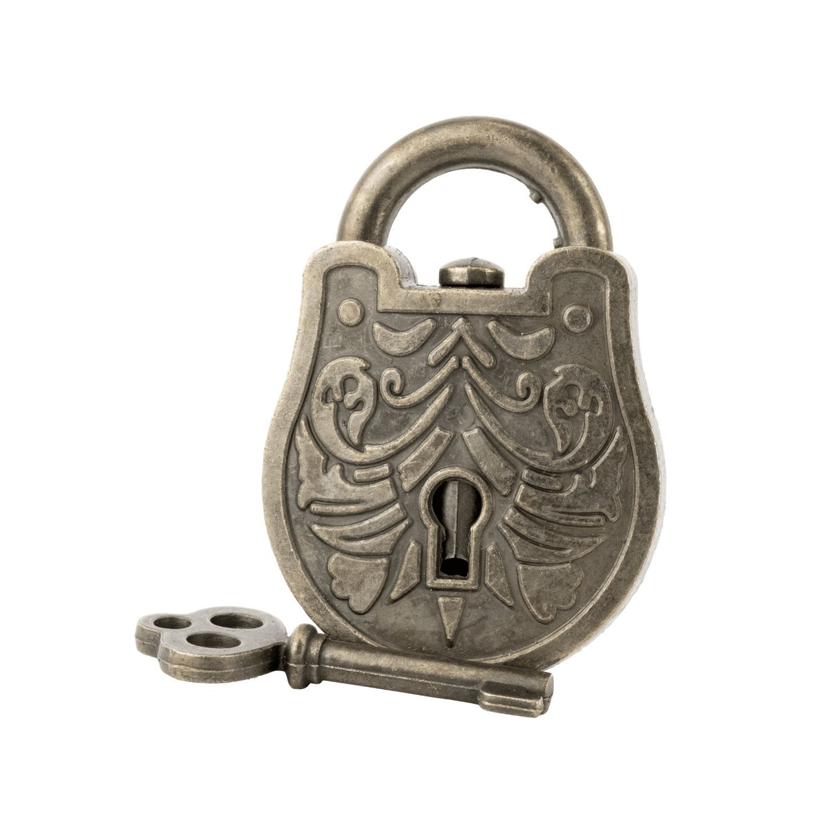 A close-up of the metal padlock puzzle alongside the unique key and tools required to navigate the warded lock mechanism.