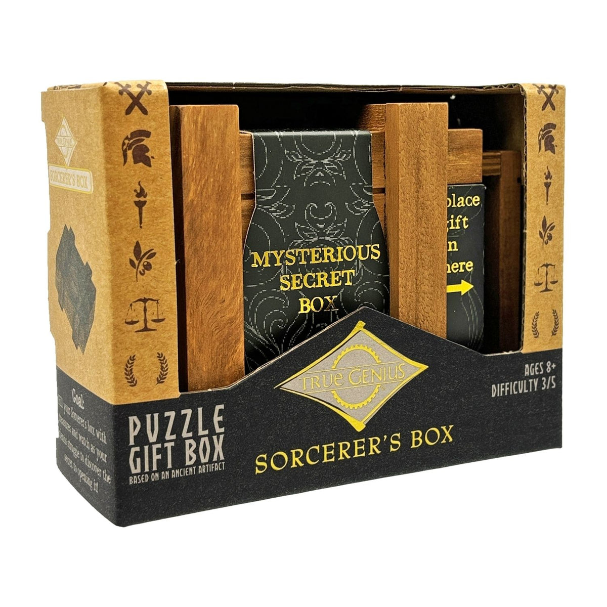 Puzzle gift box labeled 'Sorcerer's Box' A secret compartment box for ages eight plus where you discover the hidden locking mechanism to reveal the treasures inside. A fun and interactive historical gift.