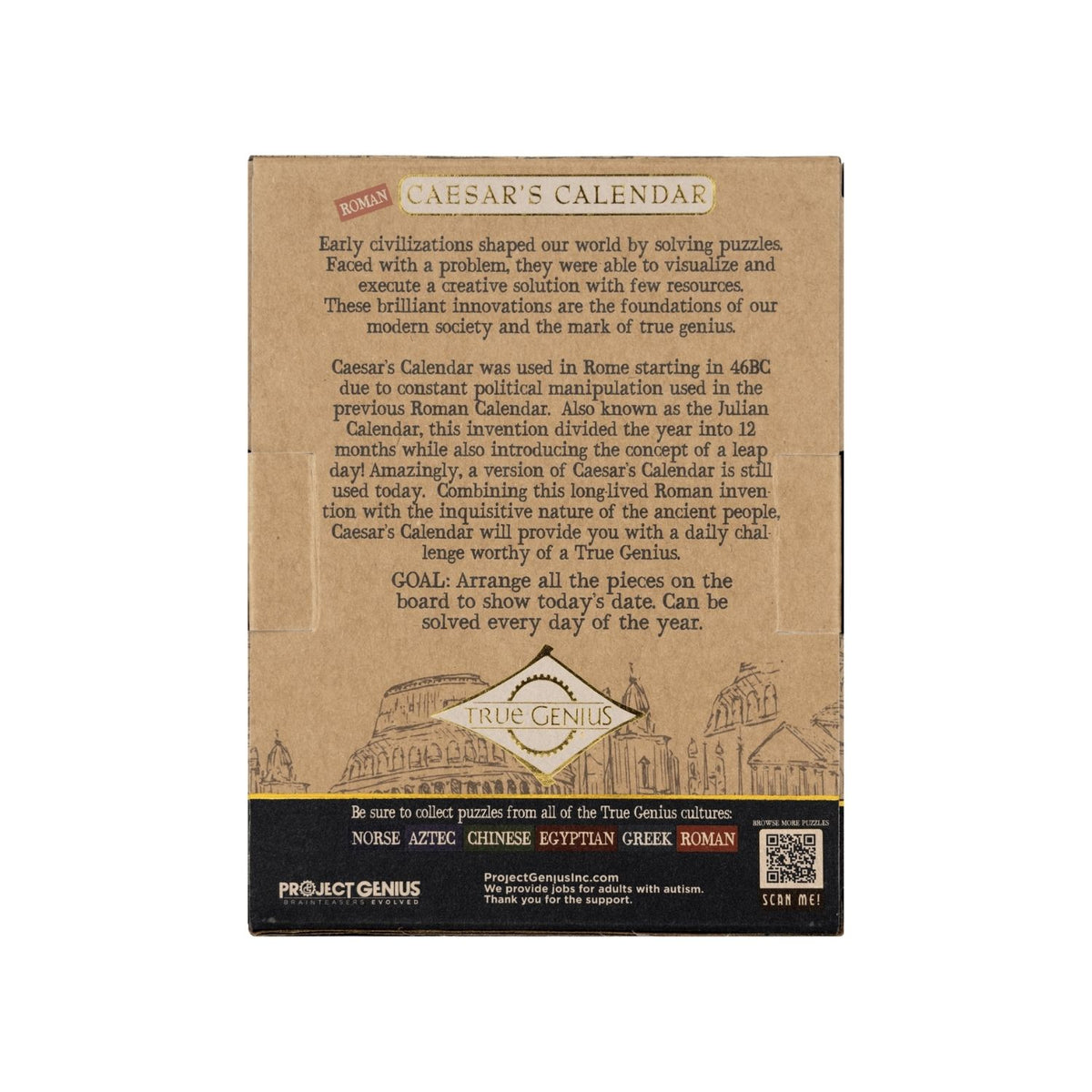 Back of a Caesar's Calendar puzzle packaging explaining the Roman History and the task to arrange pieces to show the date for all three hundred and sixty-five days.