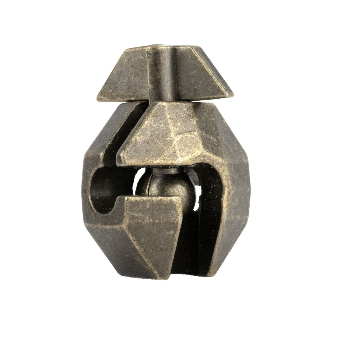 Steel Mold Detail: The Steel Mold puzzle featuring bronze-coloured housing and interlocking metal pieces, designed for ages eight plus with a high difficulty rating.