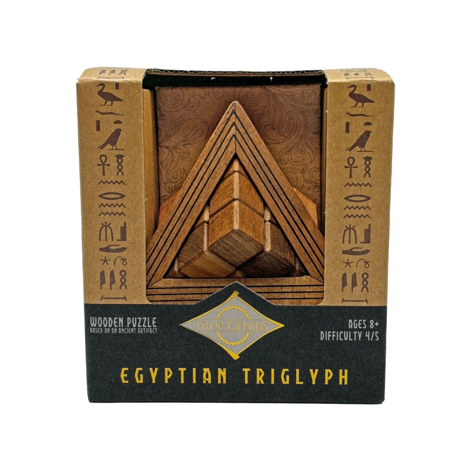 A wooden Egyptian Triglyph puzzle in a pyramid shape, featuring interlocking pieces and a level four difficulty rating for ages eight plus.