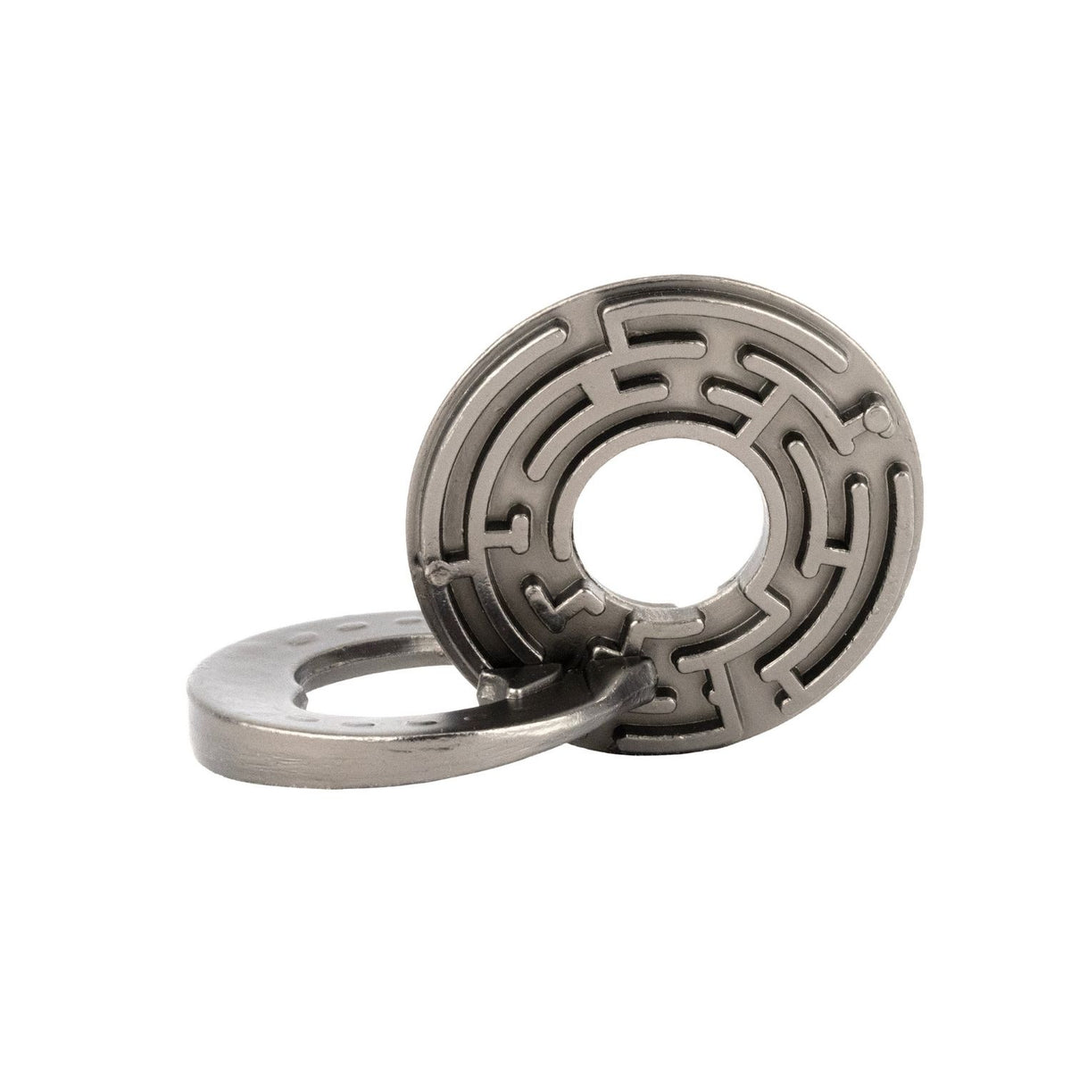 Metallic labyrinth puzzle called Egyptian Labyrinth: Navigate the labyrinth to release the inner ring.