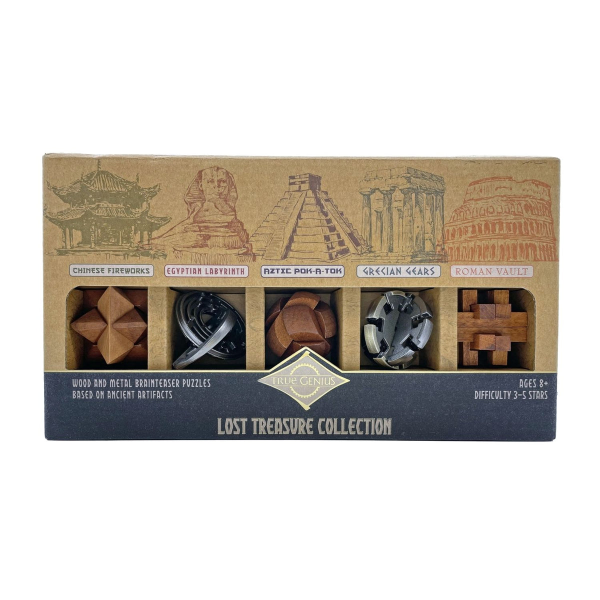 A premium Lost Treasure Collection gift set featuring five unique wooden and metal puzzles representing Ancient China, Egypt, Greece, Rome, and the Aztec Empire.