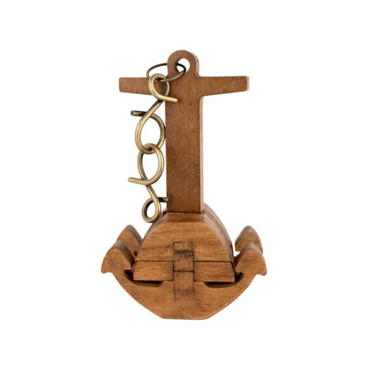 Wooden anchor-shaped puzzle with a chain on a white background