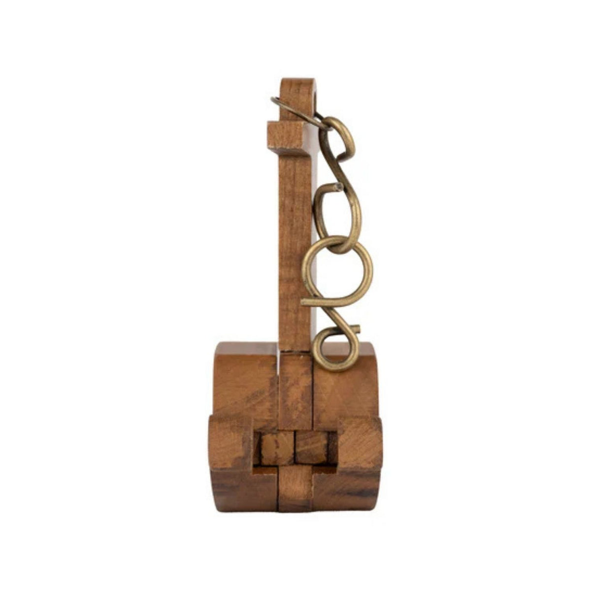 Side view of wooden puzzle with a brass chain on a white background