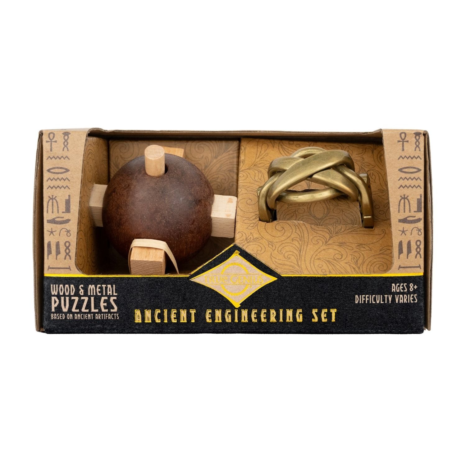 A set of two ancient Egyptian themed mechanical puzzles, the Egyptian Knot and the Plumb Bob, displayed together for ages eight and up.