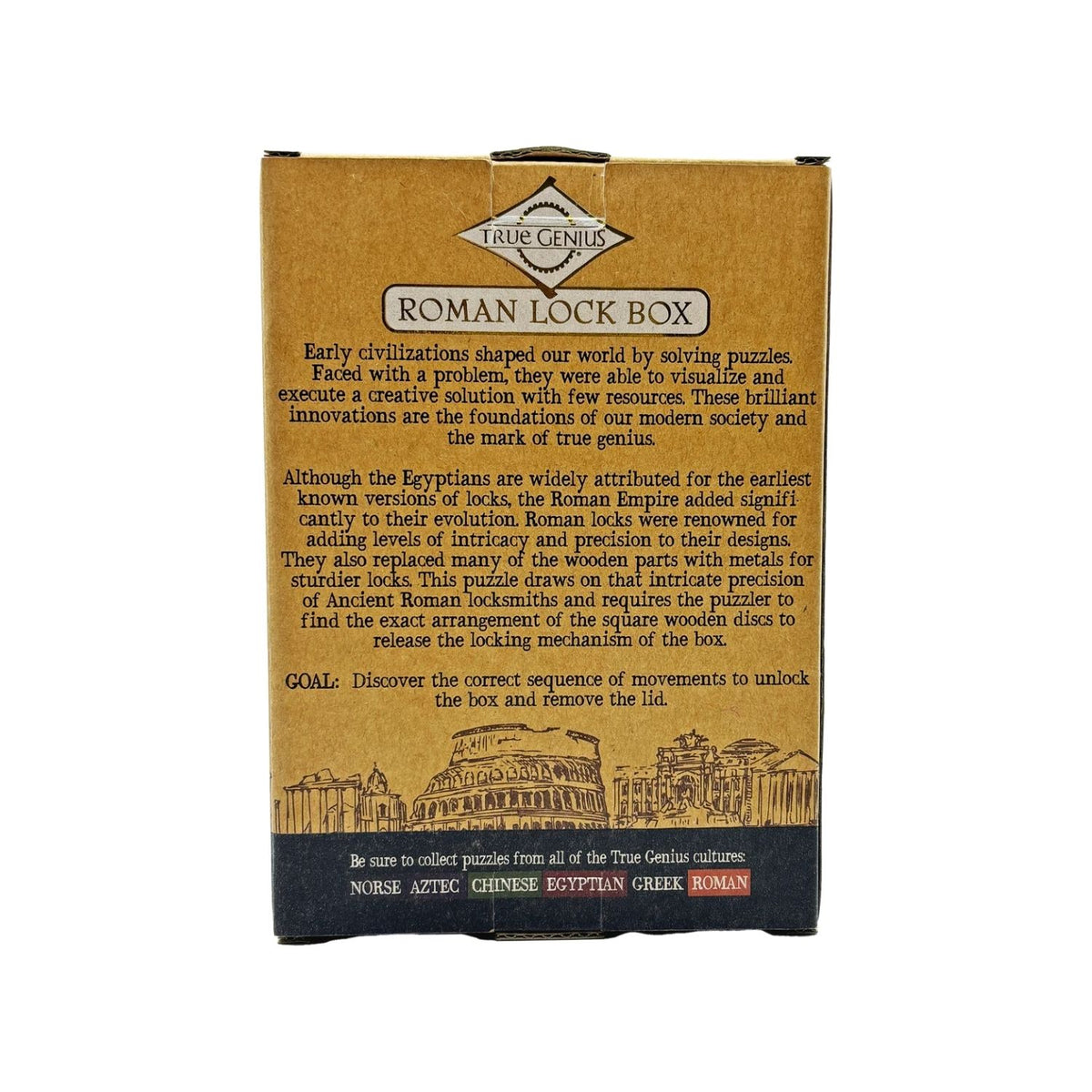 Roman lock box packaging with historical text displaying the Project Genius branding, Ancient Rome theme, and age eight plus recommendation.