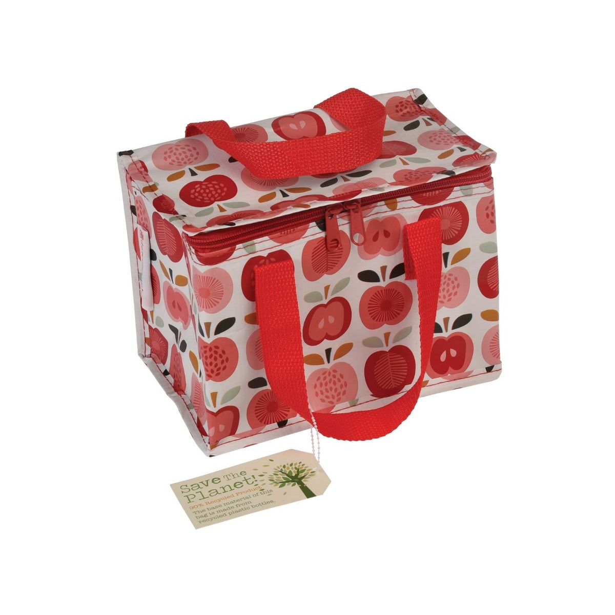 A vintage apple design insulated lunch bag with red handles and a red and white color scheme.
