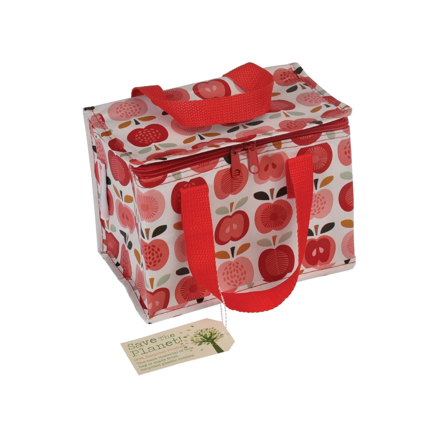 A vintage apple design insulated lunch bag with red handles and a red and white color scheme.