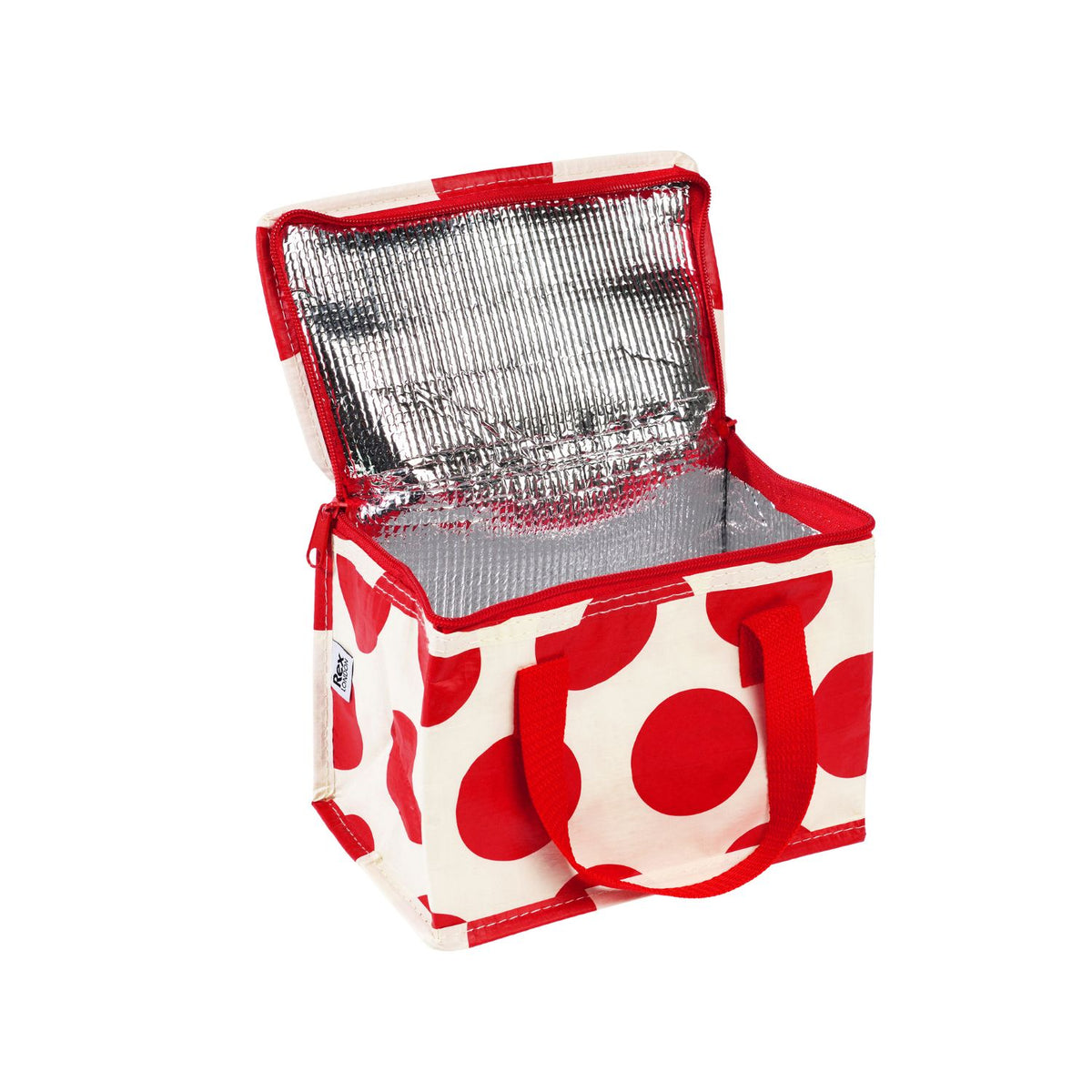 Red and white interior view of a reusable lunch bag showing the shiny silver foil lining designed to insulate food and a spacious compartment for containers.