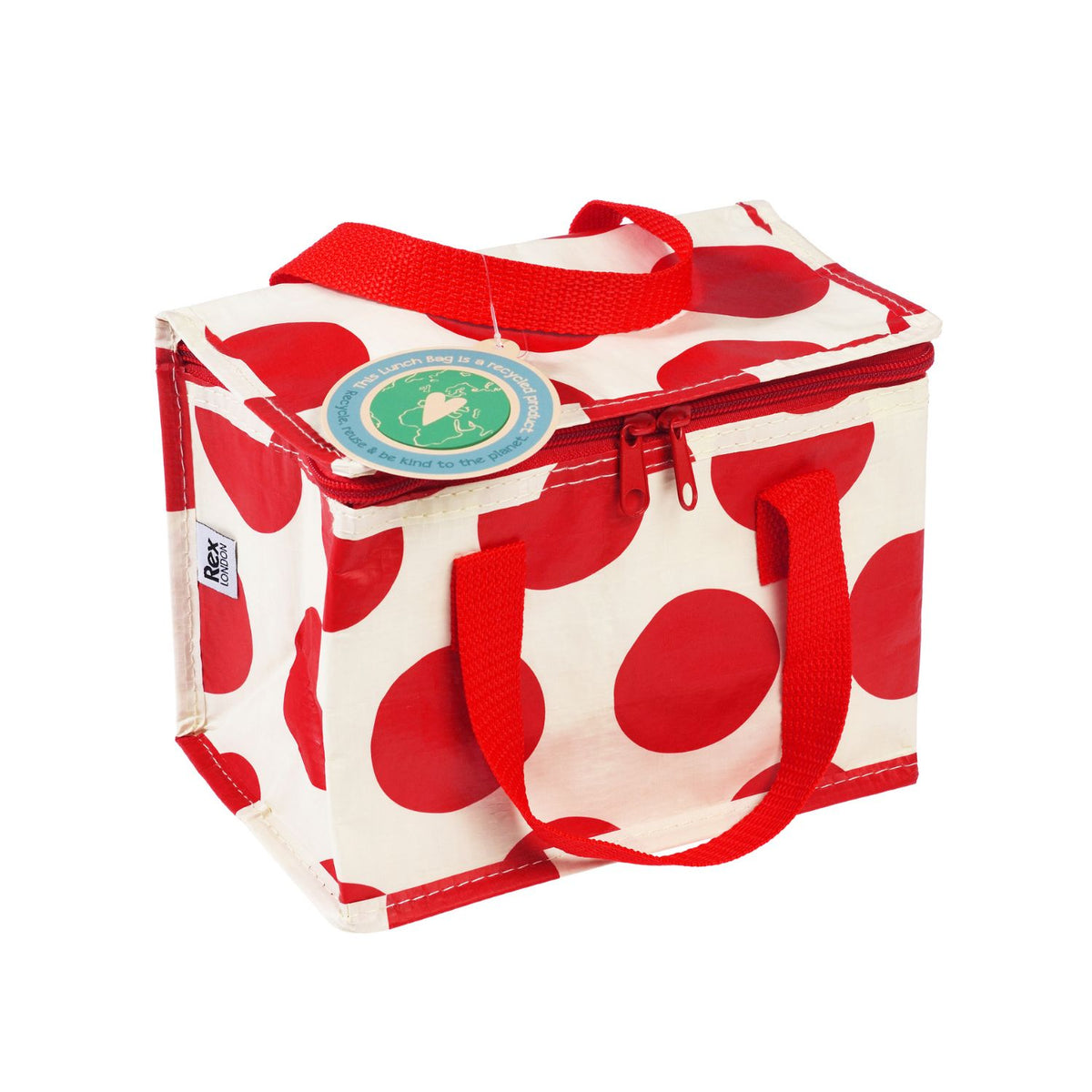 Reusable Red and white polka dot lunch bag. The compact design is shown folded flat to demonstrate easy storage for busy kitchens.