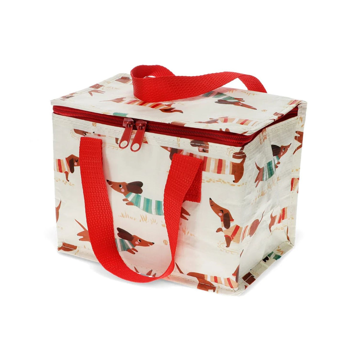 Eco-friendly reusable insulated lunch bag with dachshund sausage dog pattern and red handles made from recycled plastic materials. 