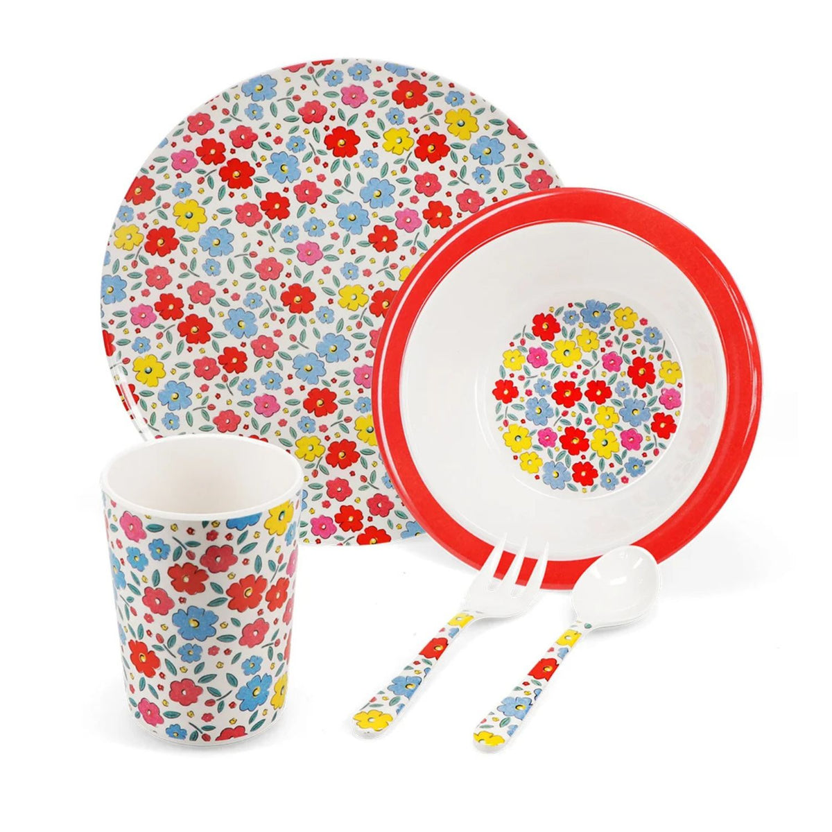 Five-piece melamine toddler set featuring a matching plate, bowl, and beaker, alongside a small fork and spoon designed for little hands to grip.