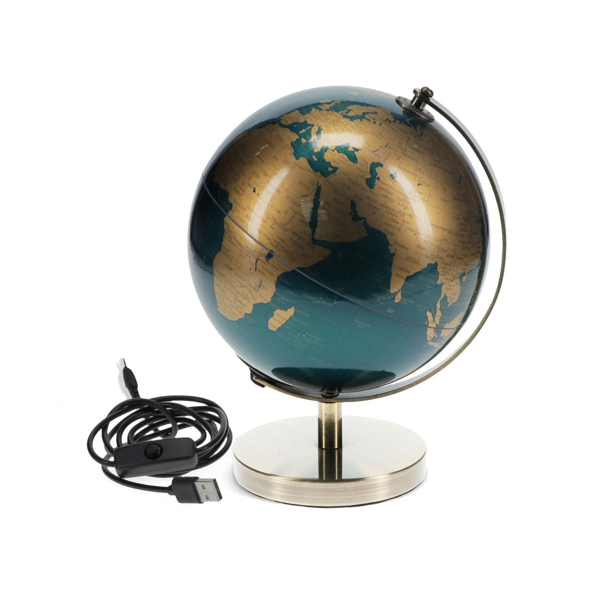 A rotating desktop globe lamp showing names of countries and oceans. Includes a USB power cable with an integrated on and off switch for easy use.
