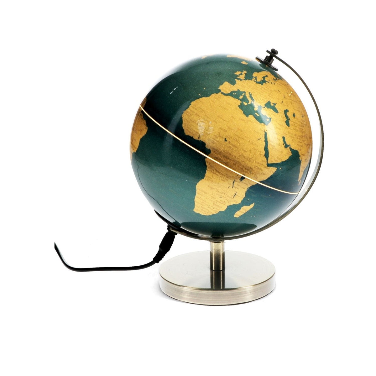 Vintage-style desktop globe lamp in navy and gold. The compact 14.2cm sphere is mounted on a gold-finish metal base, powered by a 5V USB connection.