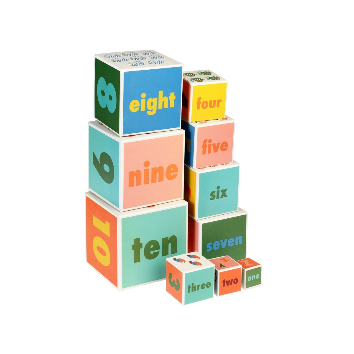 A stack of ten kids nesting blocks showing a tall tower of diverse wild animals, from a large base block to a smaller top cube for motor skill practice.