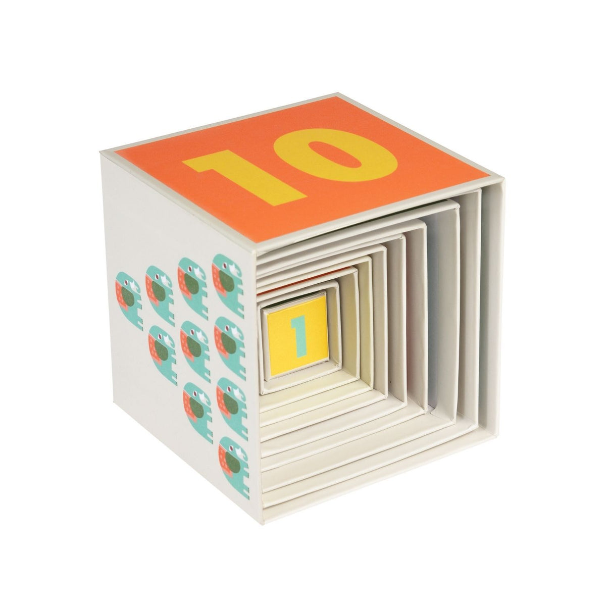 Kids nesting blocks in a variety of sizes, shown both stacked high and nested inside each other to illustrate the space-saving storage design.