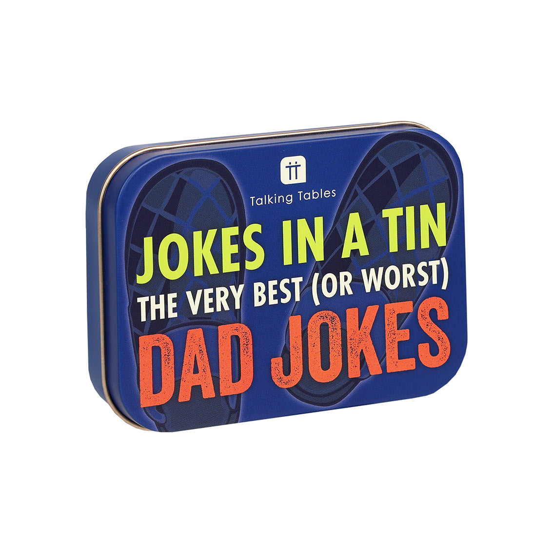 Tin box with 'Jokes in a Tin' text on a white background