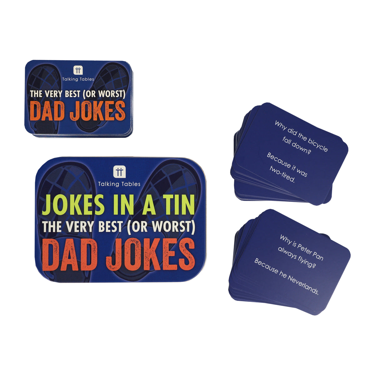 Set of blue cards with dad jokes on a white background