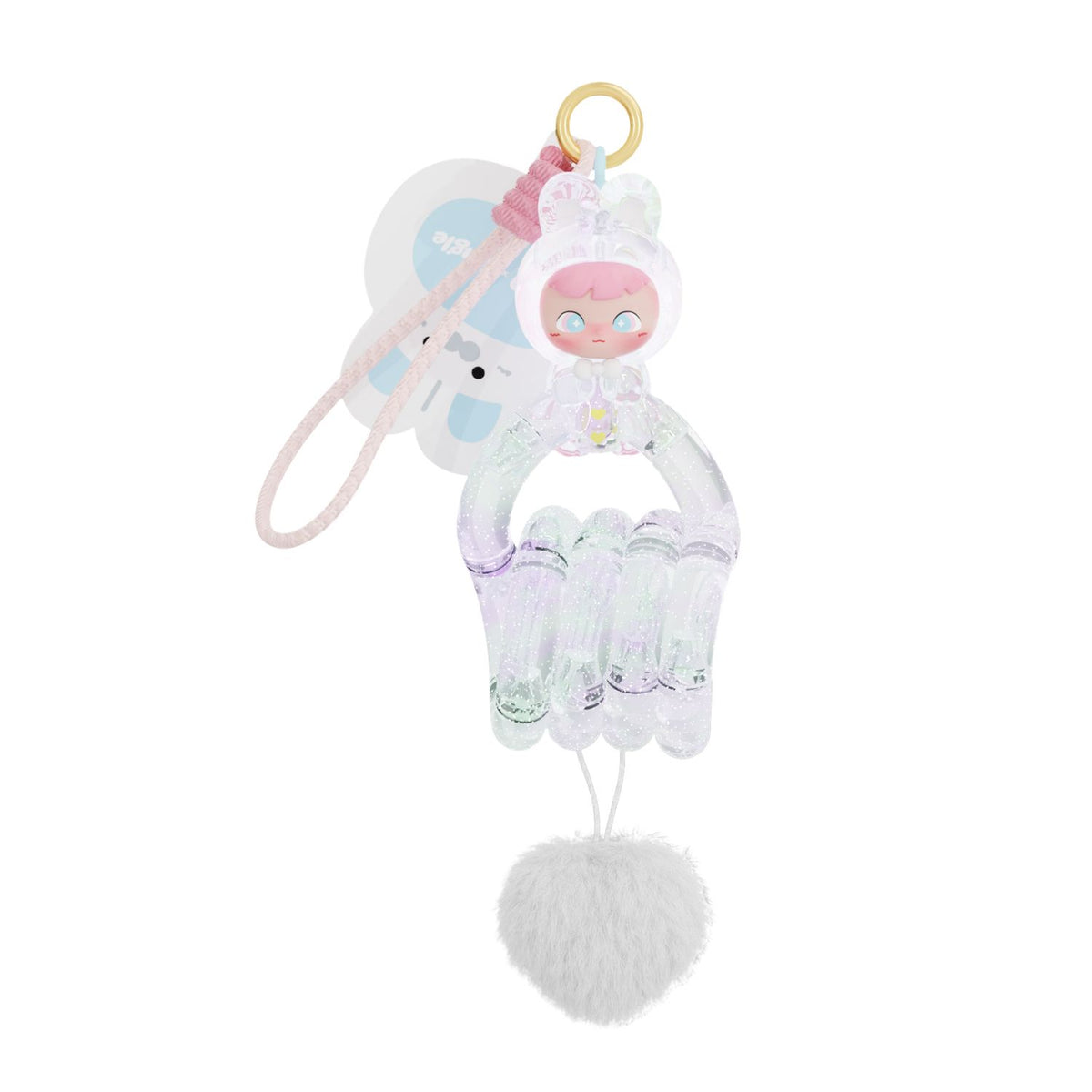 A close-up product shot on a clean white background focusing on the Clear Glitter sensory Tangle, twisted into a continuous loop to highlight its translucent plastic segments packed with shimmering iridescent glitter and white pom pom.