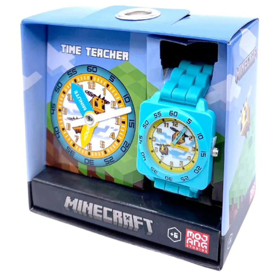 Minecraft-themed children&#39;s watch in packaging with blue strap and colorful face.