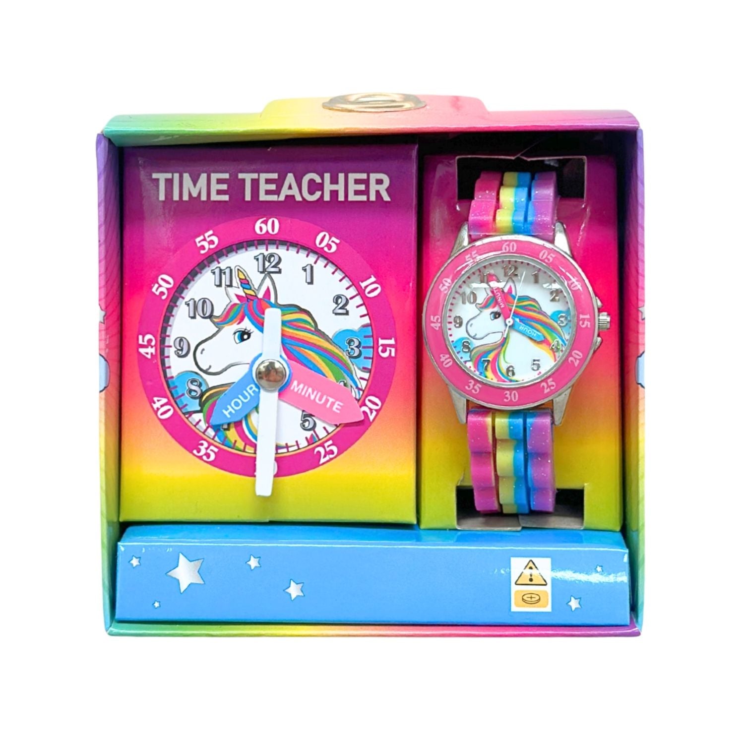 Unicorn kids time teacher watch with multi-coloured strap and labelled hour and minute hands. This Unicorn time teacher watch helps kids learn to tell the time with an easy-read analogue dial and clearly labelled hour and minute hands.