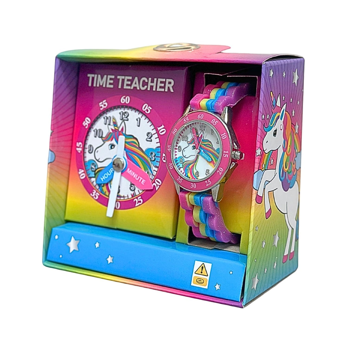 Unicorn kids time teacher watch with multi-coloured strap and labelled hour and minute hands. This Unicorn time teacher watch helps kids learn to tell the time with an easy-read analogue dial and clearly labelled hour and minute hands.
