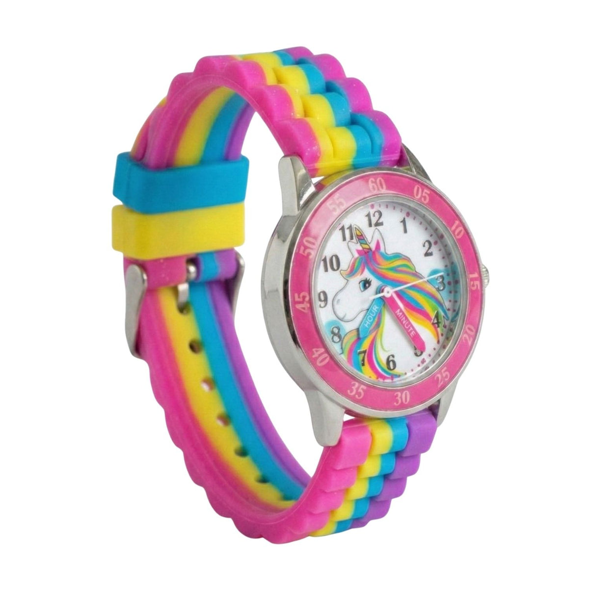 Unicorn kids time teacher watch with labelled hour and minute hands, multi-coloured strap and easy read analogue dial. A brilliant educational gift for kids, helping build confidence while learning an essential life skill.
