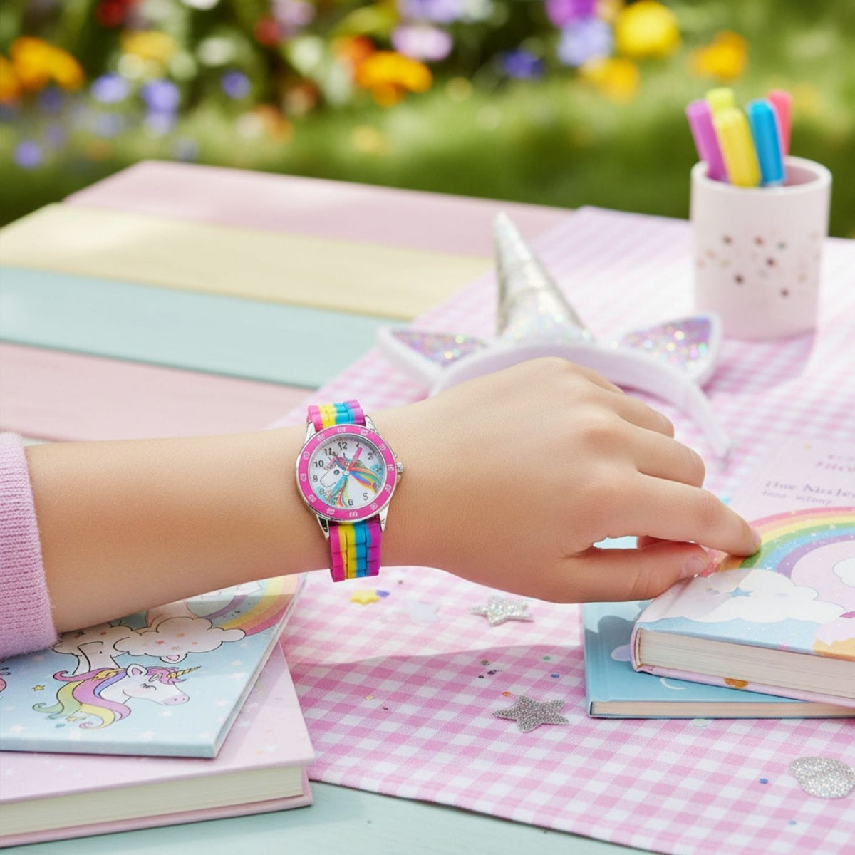 Kids wearing Unicorn time teacher watch designed for learning to tell the time