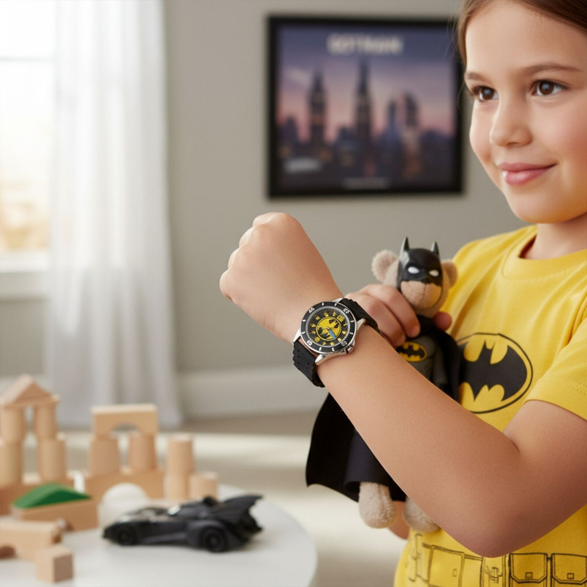 Kids wearing Batman time teacher watch designed for learning to tell the time