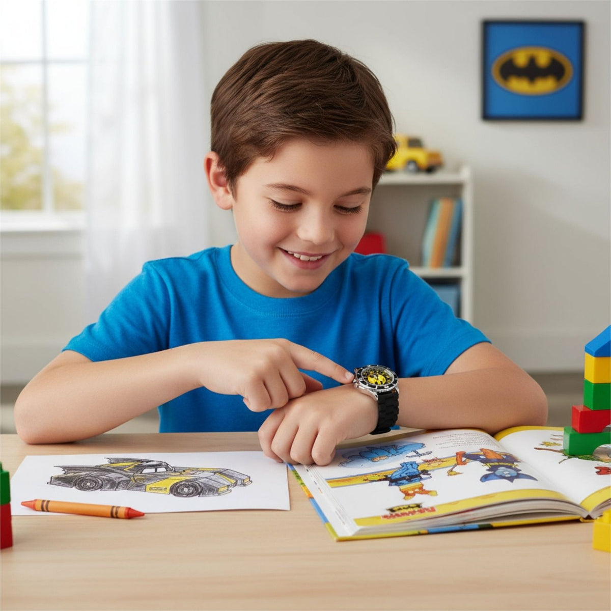 Kids wearing Batman time teacher watch designed for learning to tell the time