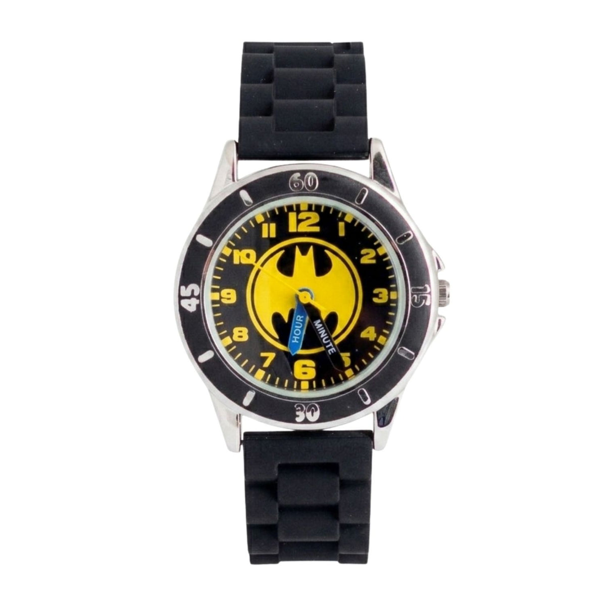 Batman kids time teacher watch with labelled hour and minute hands, black strap and easy read analogue dial. A brilliant educational gift for kids, helping build confidence while learning an essential life skill.
