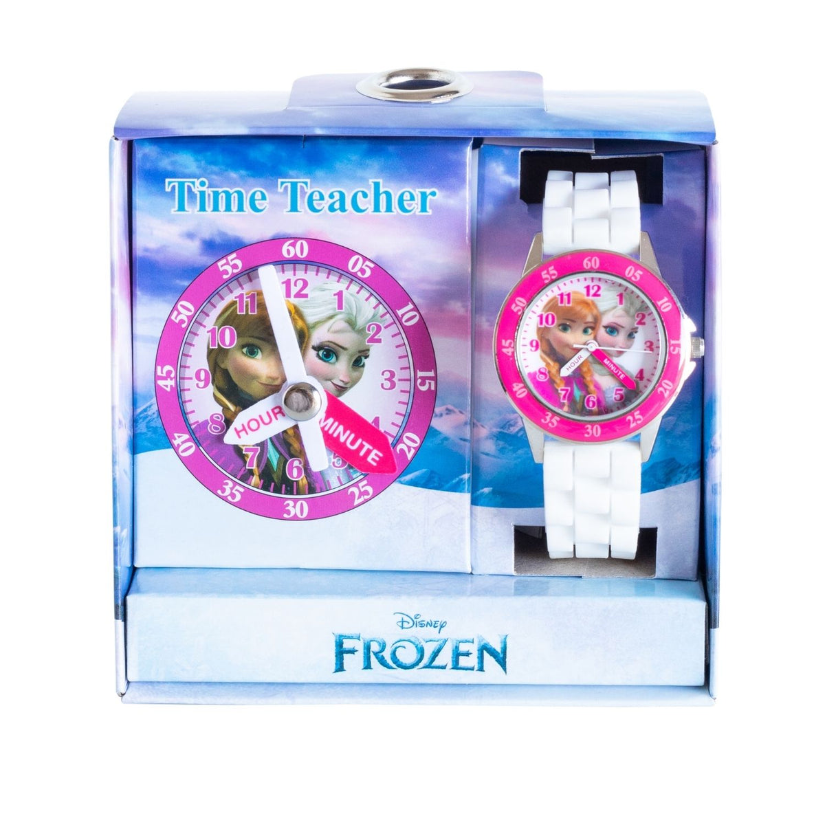 Disney Frozen kids time teacher watch with white strap and labelled hour and minute hands. This Disney Frozen time teacher watch helps kids learn to tell the time with an easy-read analogue dial and clearly labelled hour and minute hands.