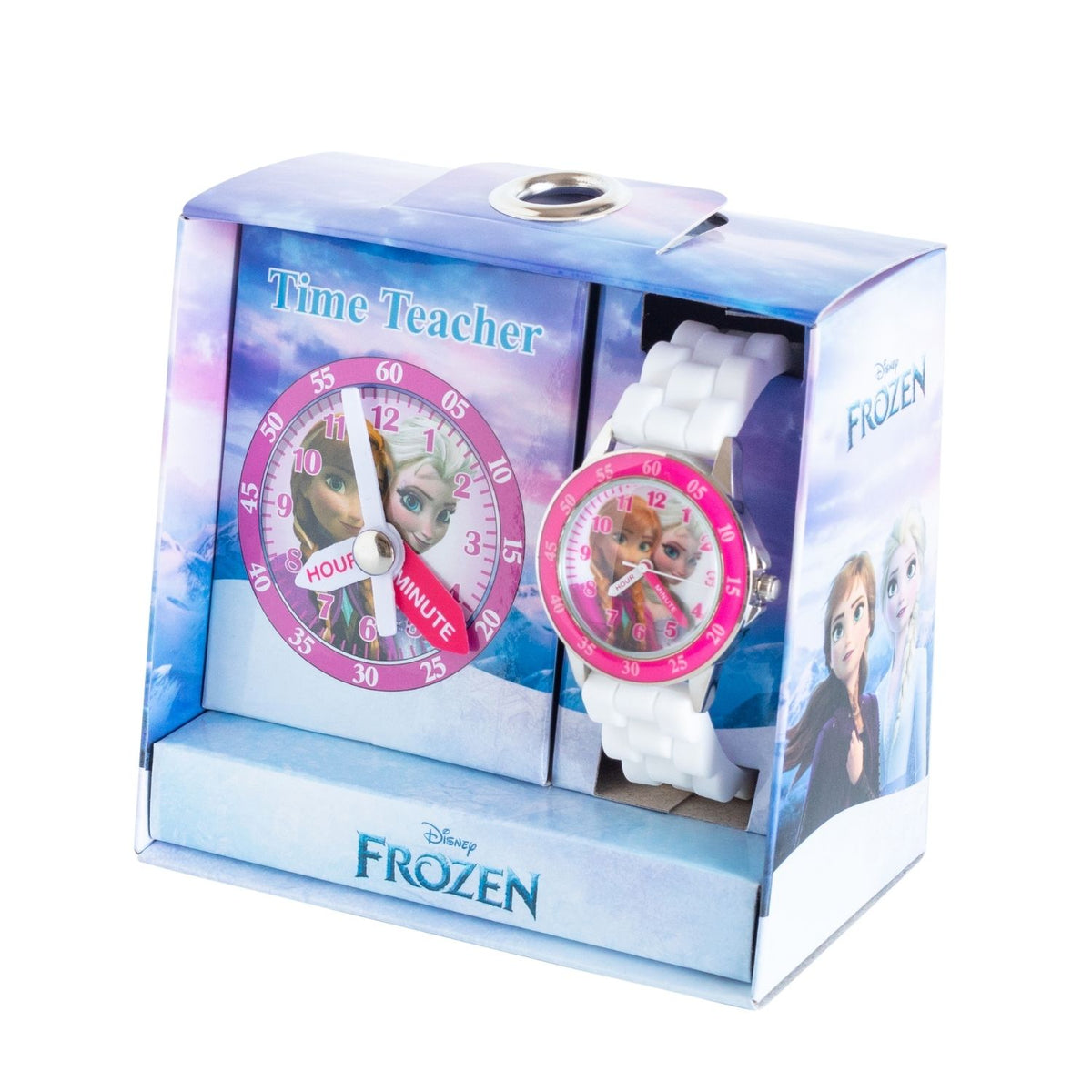 Disney Frozen kids time teacher watch with white strap and labelled hour and minute hands. This Disney Frozen time teacher watch helps kids learn to tell the time with an easy-read analogue dial and clearly labelled hour and minute hands.