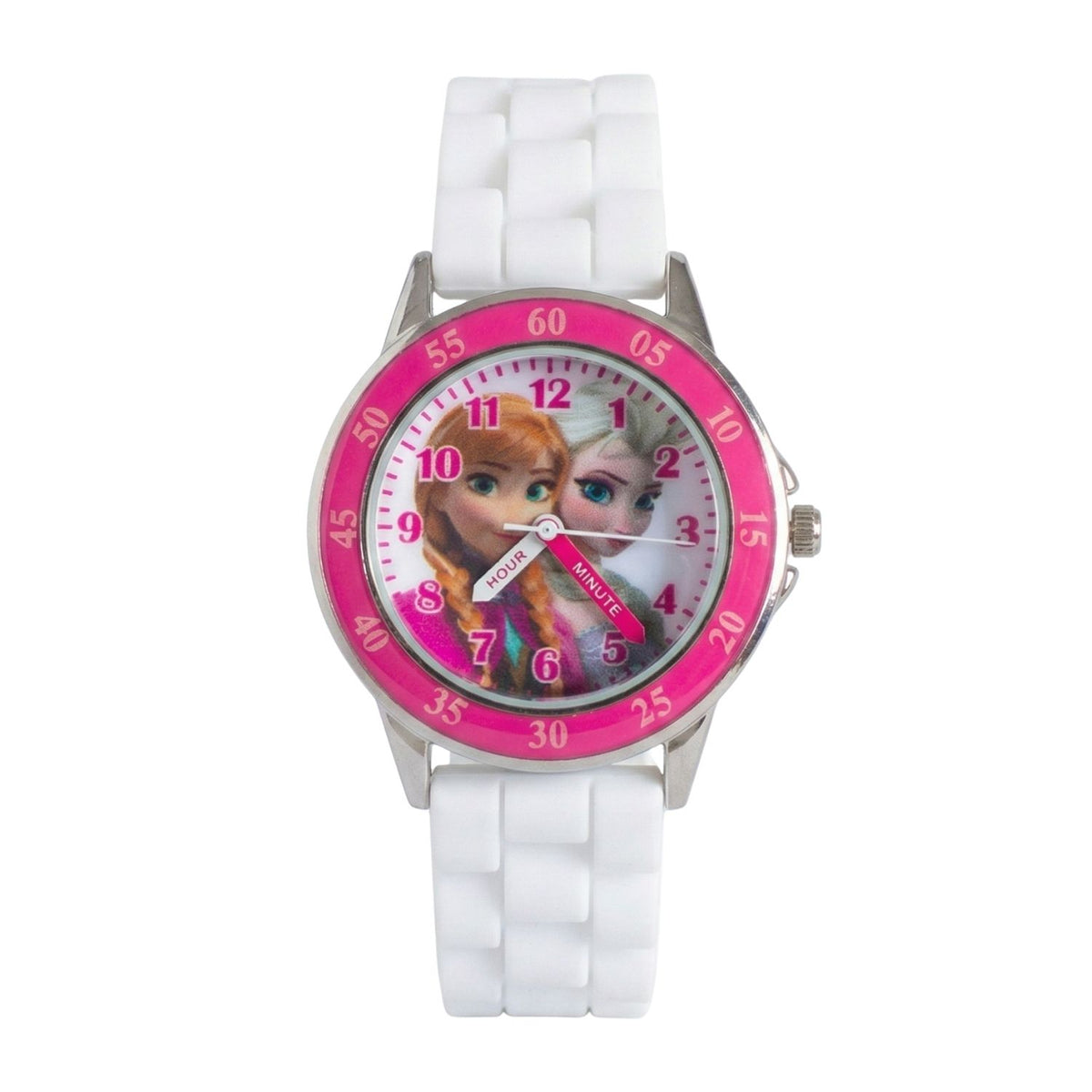 Disney Frozen kids time teacher watch with labelled hour and minute hands, white strap and easy read analogue dial. A brilliant educational gift for kids, helping build confidence while learning an essential life skill.
