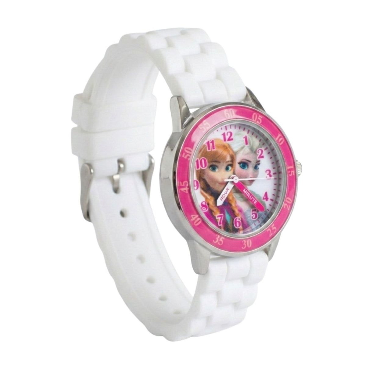 Disney Frozen kids time teacher watch with labelled hour and minute hands, white strap and easy read analogue dial. A brilliant educational gift for kids, helping build confidence while learning an essential life skill.
