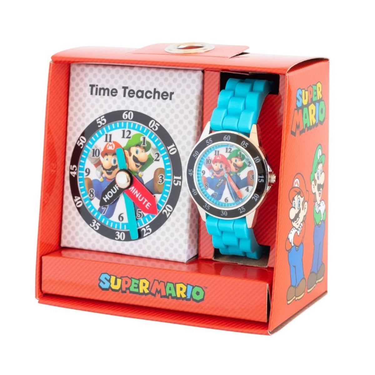 Super Mario kids time teacher watch with blue strap and labelled hour and minute hands. This Super Mario time teacher watch helps kids learn to tell the time with an easy-read analogue dial and clearly labelled hour and minute hands.