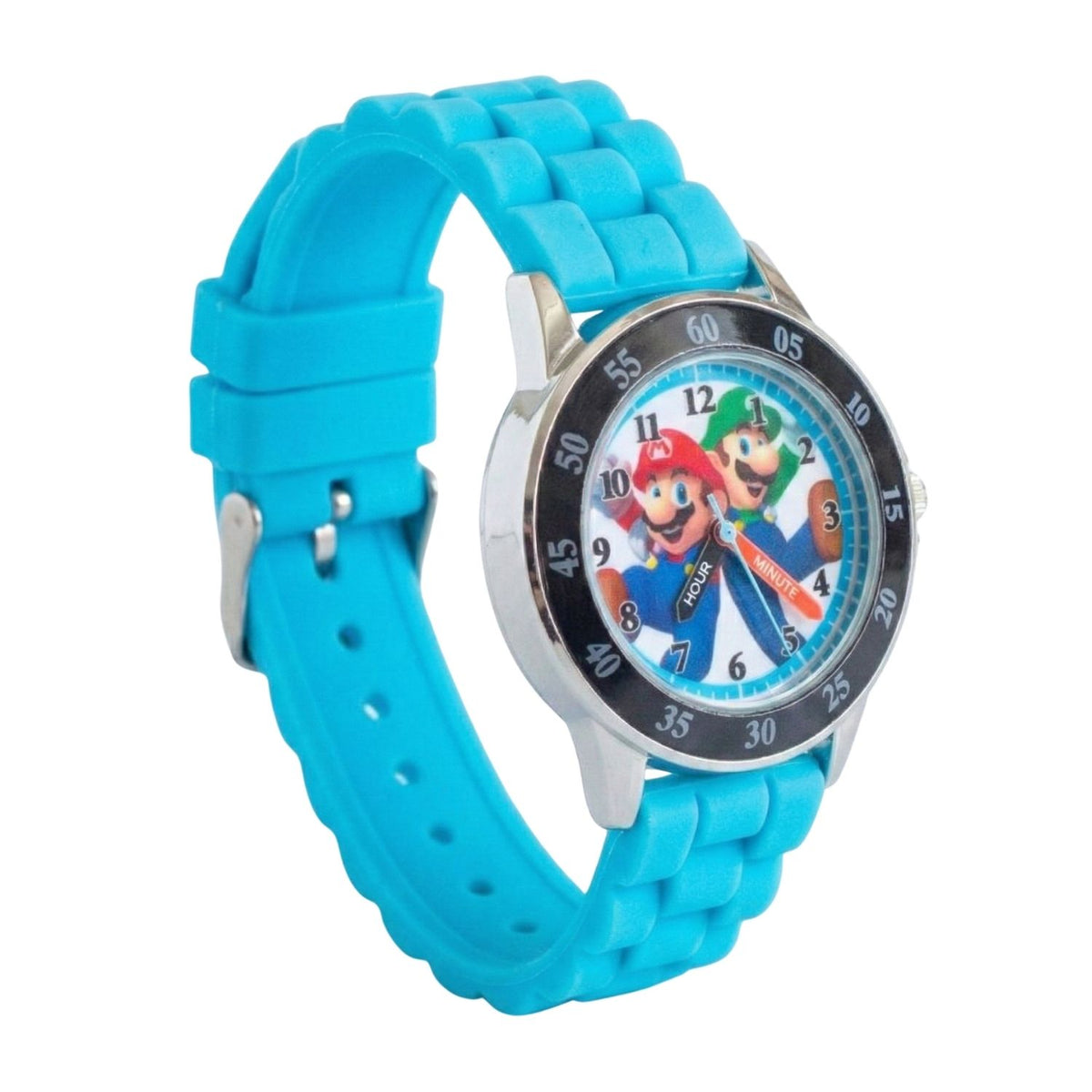 Super Mario kids time teacher watch with labelled hour and minute hands, blue strap and easy read analogue dial. A brilliant educational gift for kids, helping build confidence while learning an essential life skill.
