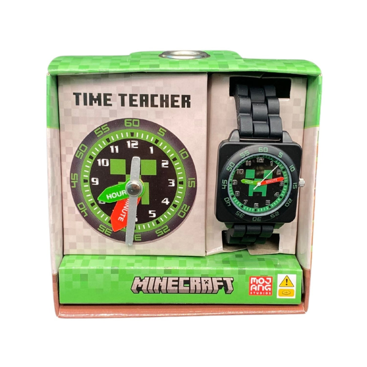 Minecraft kids time teacher watch with black strap and labelled hour and minute hands. This Minecraft time teacher watch helps kids learn to tell the time with an easy-read analogue dial and clearly labelled hour and minute hands.