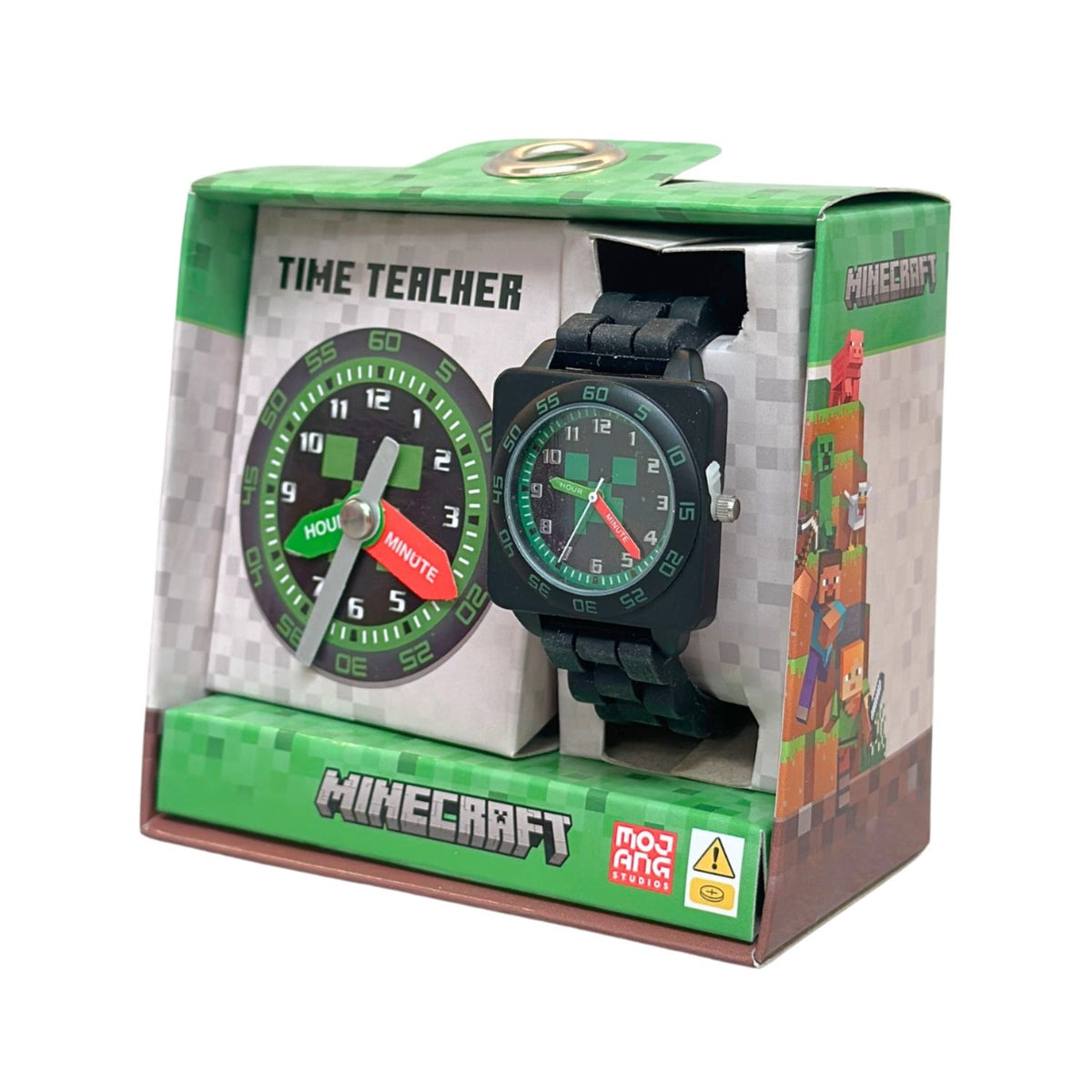 Minecraft kids time teacher watch with black strap and labelled hour and minute hands. This Minecraft time teacher watch helps kids learn to tell the time with an easy-read analogue dial and clearly labelled hour and minute hands.