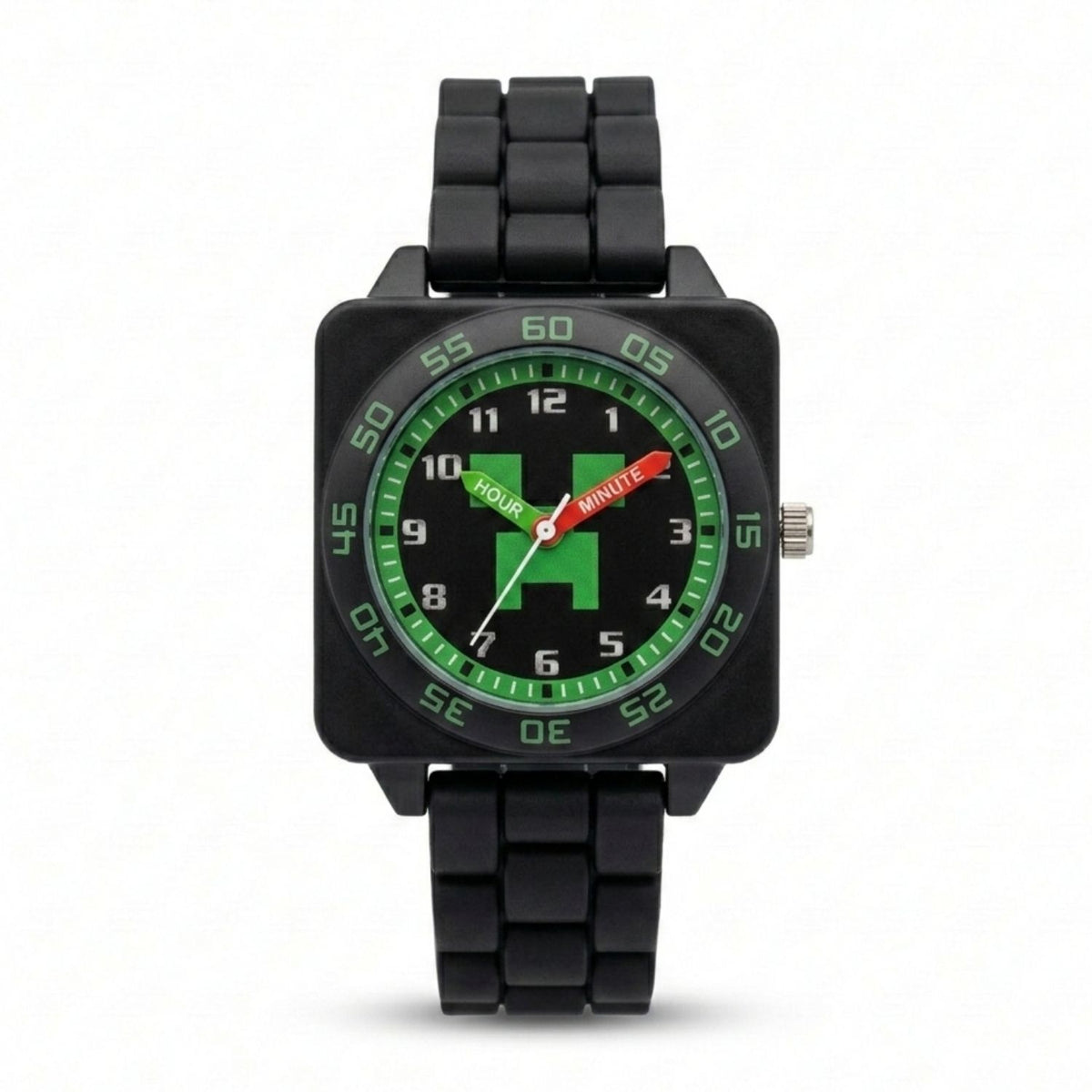 Minecraft kids time teacher watch with labelled hour and minute hands, black strap and easy read analogue dial. A brilliant educational gift for kids, helping build confidence while learning an essential life skill.
