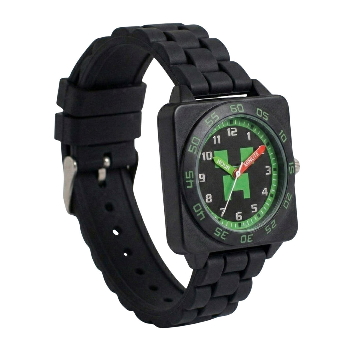 Minecraft kids time teacher watch with labelled hour and minute hands, black strap and easy read analogue dial. A brilliant educational gift for kids, helping build confidence while learning an essential life skill.